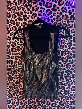 Y2K mcbling zebra print Women's Black and Silver Sequin Tank Top